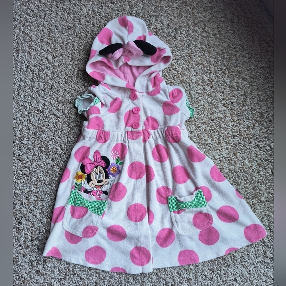 Disney Store Toddler Girls Bath Robe Minnie Mouse Hooded SS Polka Dot Size 2 - Picture 1 of 7